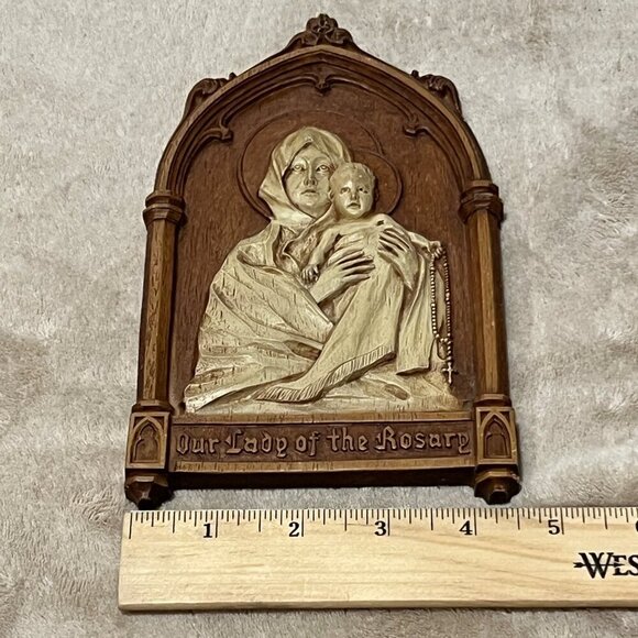 Our Lady of the Rosary" Virgin and Child Bas Relief Wall Hanging - Vintage | Vin - Picture 12 of 13